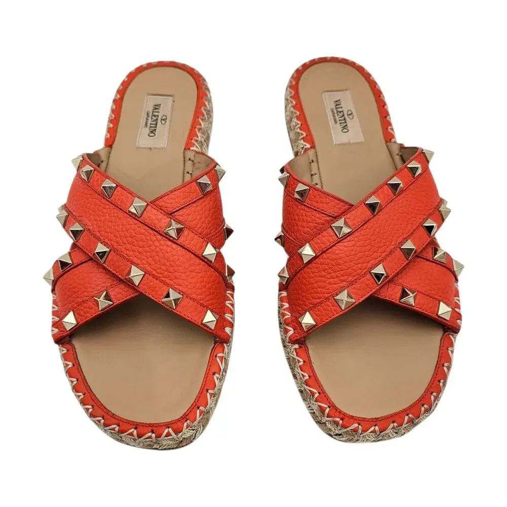 Valentino Garavani Rockstud Flat Slide Espadrille Sandal Orange Size 39 US 9
